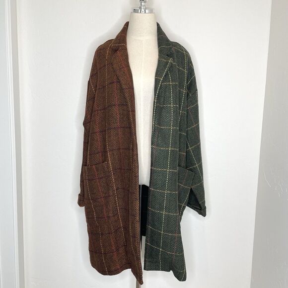 Dressed in LALA Jackets & Blazers - Dressed In Lala Scorpio OG Half + Half Coat Womens L/XL Green Brown Plaid Open